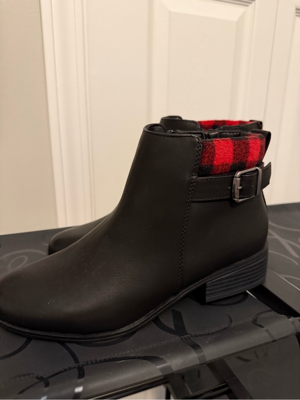 Maurices Black Ankle Boots with Red Plaid Cuff